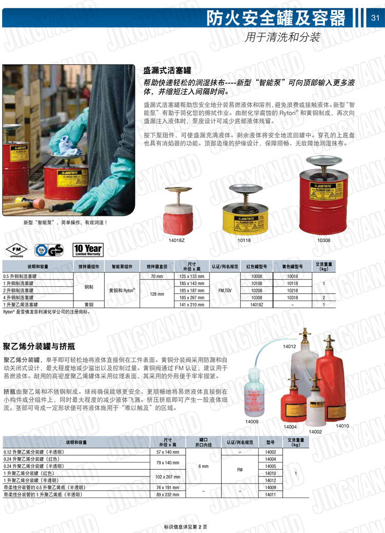 美國杰斯瑞特，JUSTRITE，活塞安全罐，盛漏式活塞罐，化學(xué)品分裝罐，